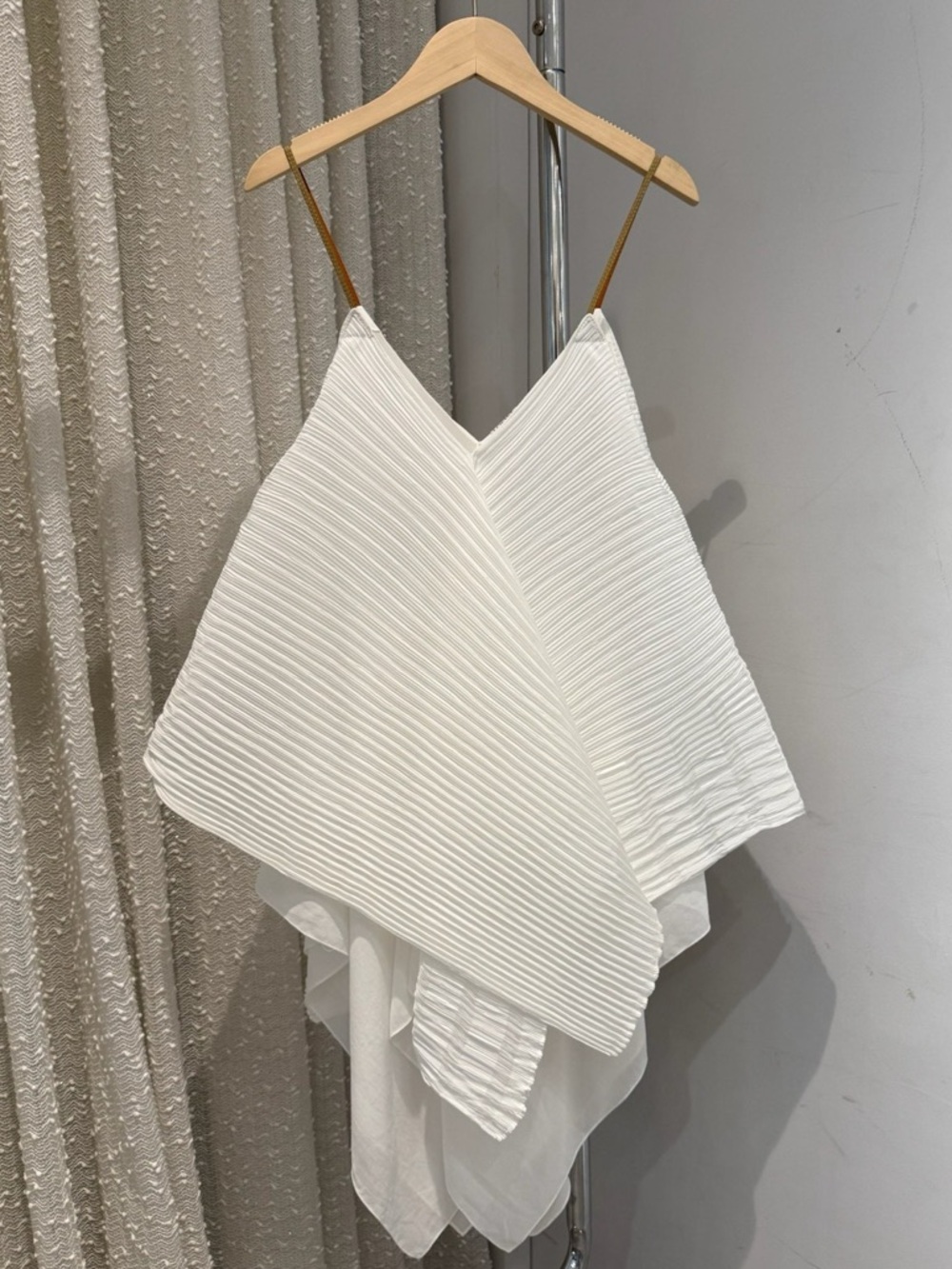 🚩steal Loewe White Pleated Asymmetric Cami Dress with Tan Straps